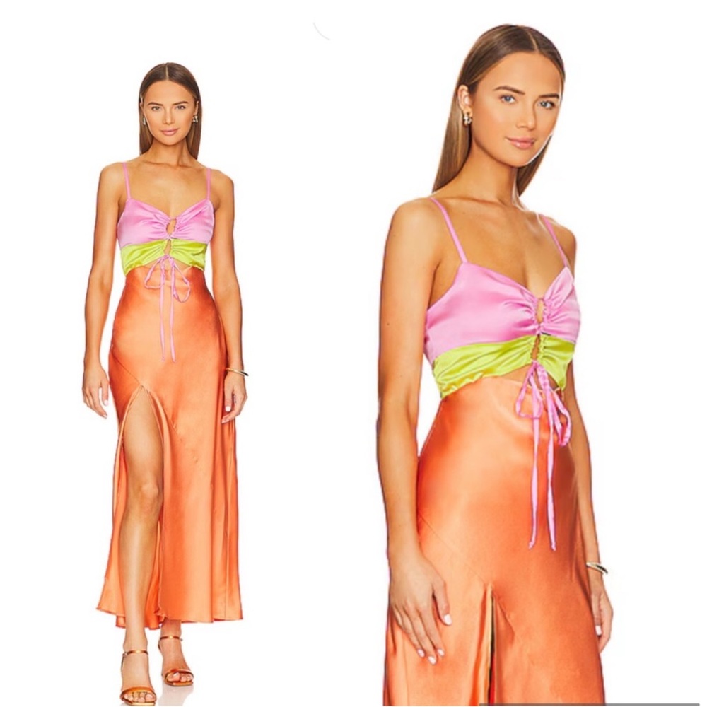 Show Me Your Mumu Calloway Cut Out Dres in Cantaloupe Luxe Satin